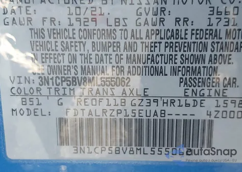 2021 Nissan Kicks S Xtronic Cvt из США, поврежденный, VIN 3N1CP5BV8ML555062